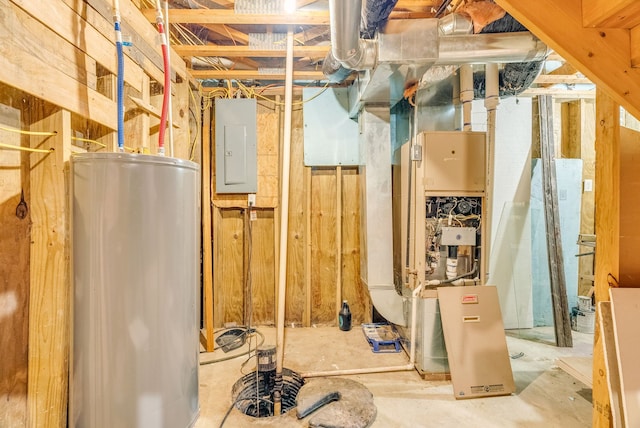 utility room with electric panel and water heater