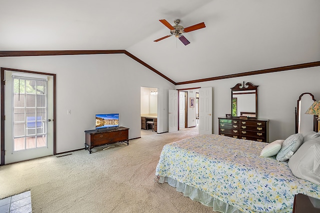 carpeted bedroom with vaulted ceiling, access to outside, ceiling fan, crown molding, and ensuite bath