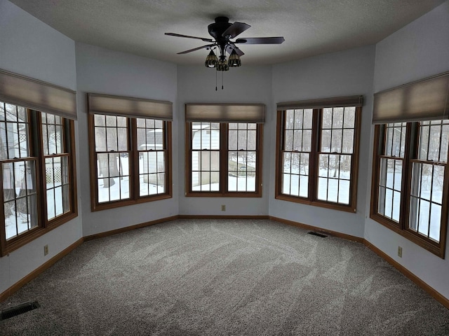 spare room featuring ceiling fan, a textured ceiling, and carpet