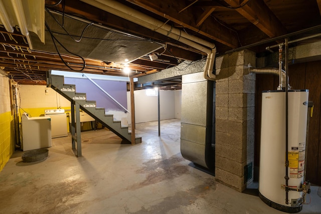 basement with water heater and washing machine and clothes dryer