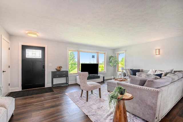 living room with dark hardwood / wood-style floors and a textured ceiling