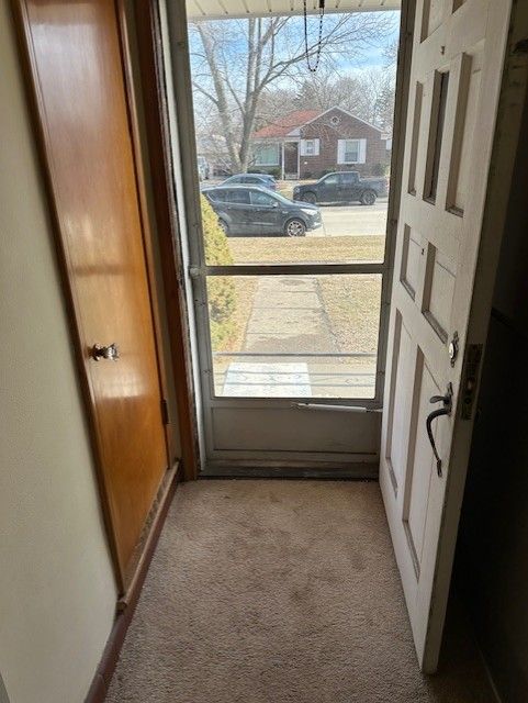 entryway featuring light colored carpet