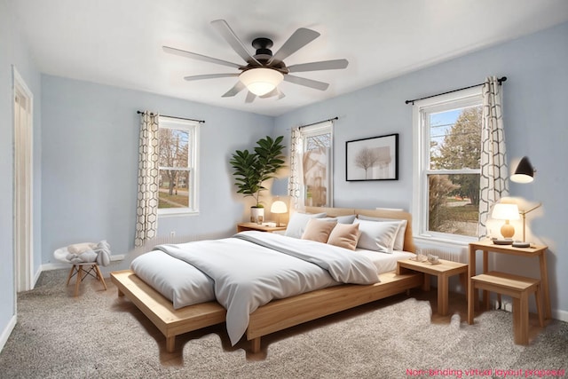 carpeted bedroom with ceiling fan and multiple windows