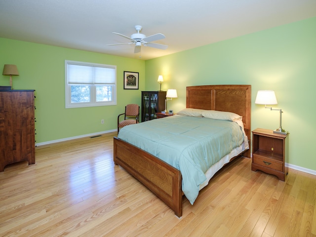 bedroom with ceiling fan and light hardwood / wood-style floors