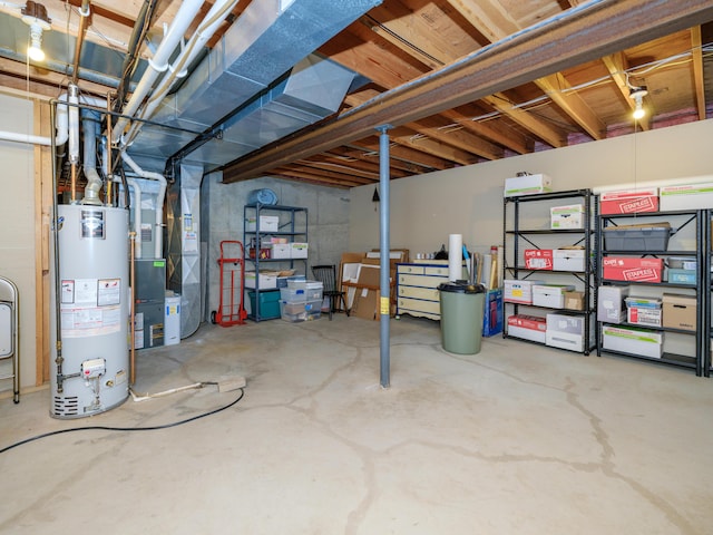 basement with heating unit and gas water heater