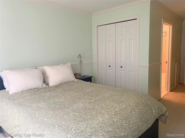 carpeted bedroom with ornamental molding and a closet