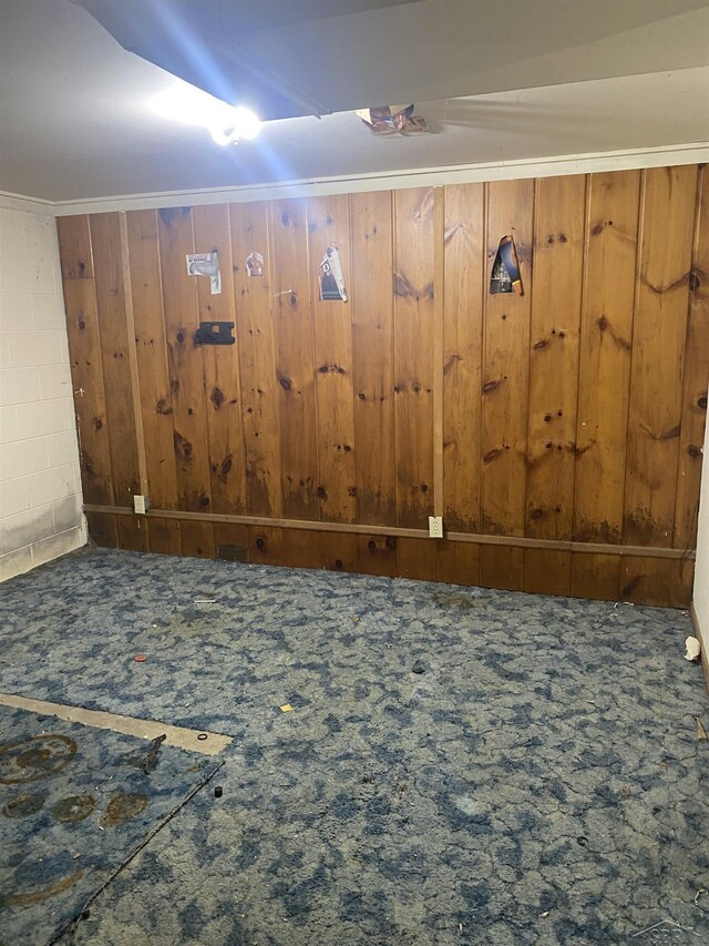 basement featuring crown molding, wooden walls, and carpet flooring