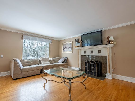 living area featuring wood finished floors and crown molding