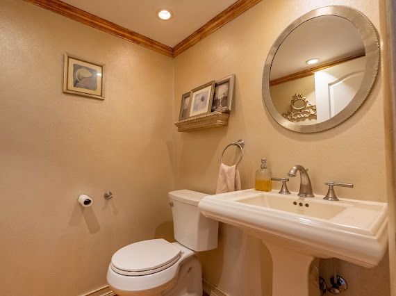 bathroom with toilet, a sink, and crown molding