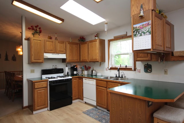 14523 E V Ave, Fulton, MI 49052 - kitchen featuring range with gas stovetop, dishwasher, under cabinet range hood, a sink, and a peninsula