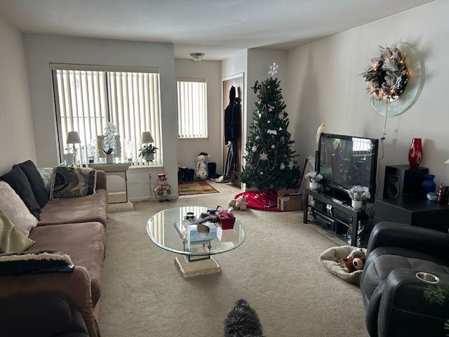 living area with a wealth of natural light and carpet