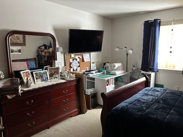 bedroom featuring light colored carpet