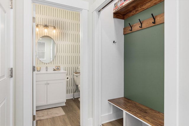 mudroom featuring sink and light hardwood / wood-style floors