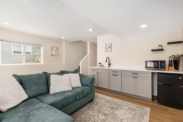 living room featuring sink and light hardwood / wood-style flooring