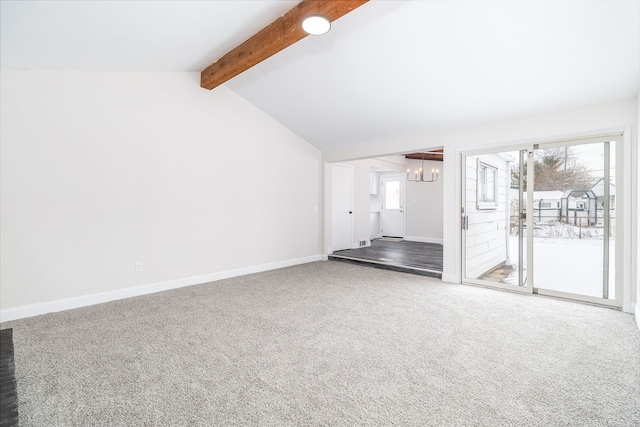 unfurnished living room with a chandelier, carpet flooring, and vaulted ceiling with beams