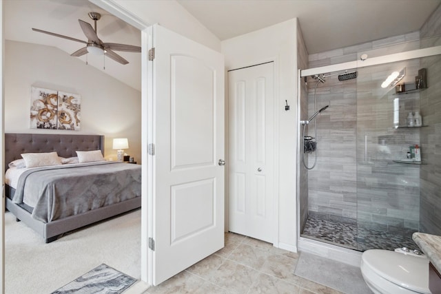 interior space with ceiling fan and vaulted ceiling