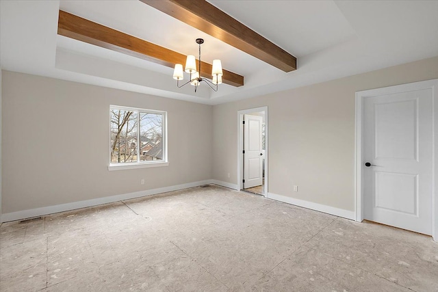 unfurnished bedroom with beam ceiling, a notable chandelier, a raised ceiling, visible vents, and baseboards