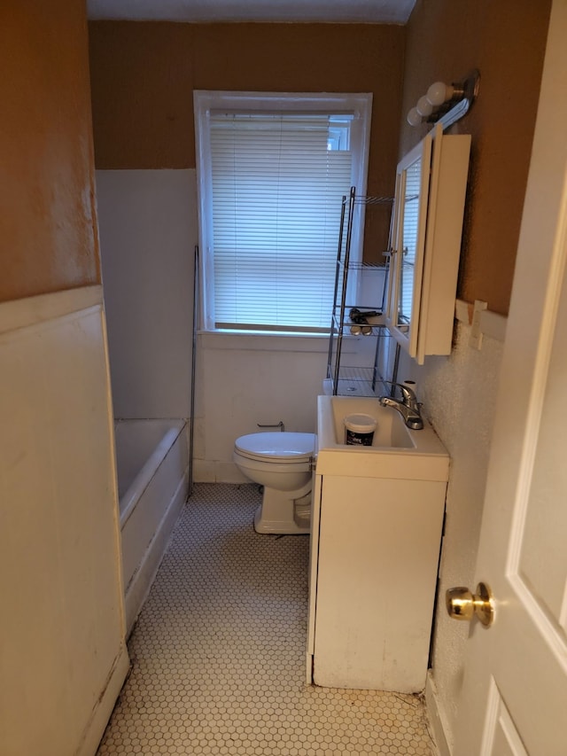 bathroom with vanity, toilet, and a bathing tub