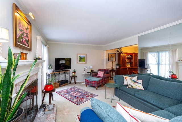 living room with crown molding and light colored carpet