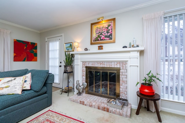 living room with a brick fireplace, crown molding, and carpet floors