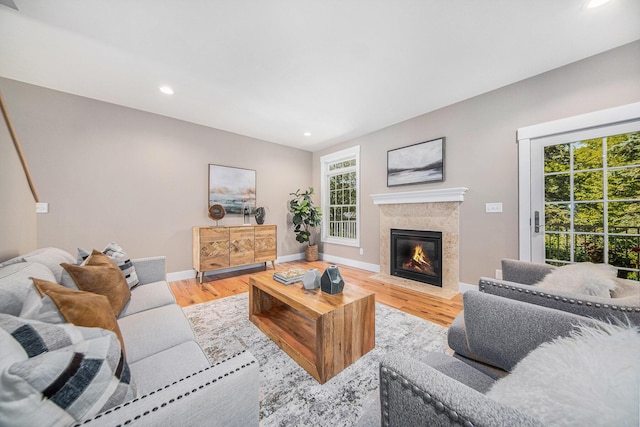 living room featuring plenty of natural light, light hardwood / wood-style floors, and a premium fireplace