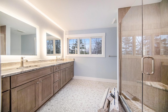 bathroom featuring vanity and a shower with shower door