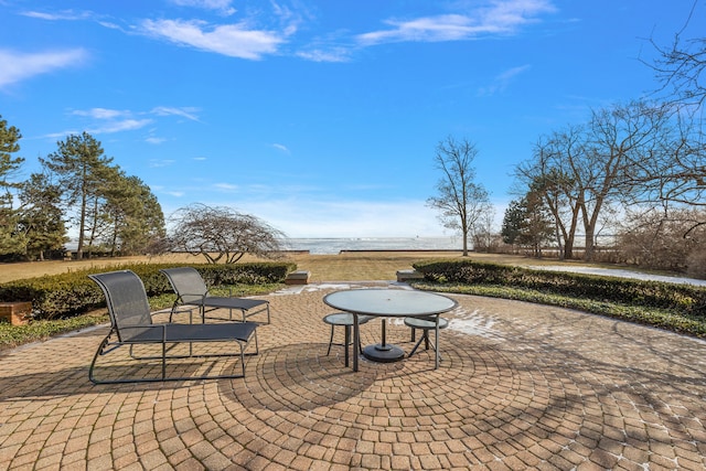 view of patio with a water view