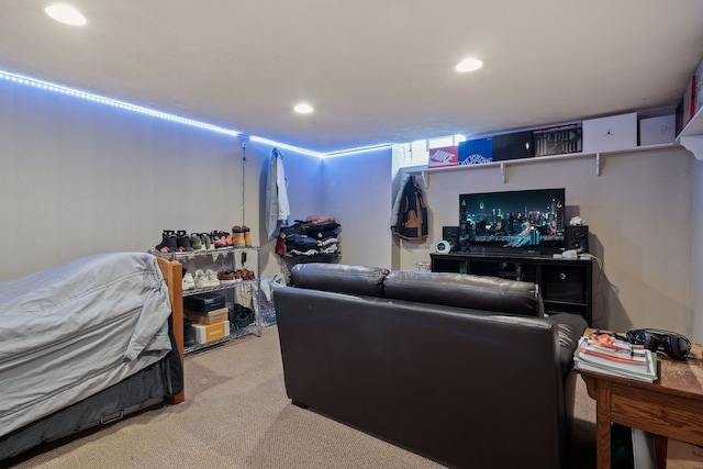 living room featuring light colored carpet