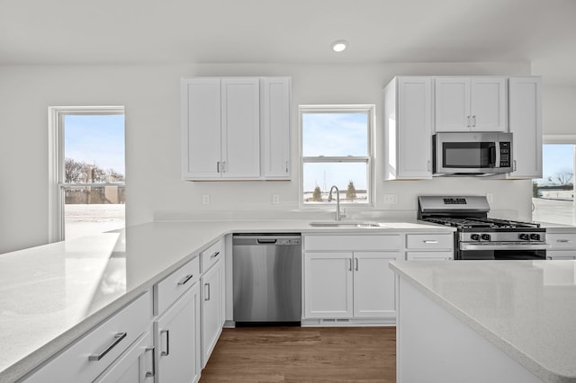 kitchen featuring appliances with stainless steel finishes, a sink, white cabinets, and a healthy amount of sunlight