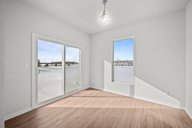 empty room featuring baseboards, a wealth of natural light, and wood finished floors