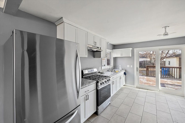 kitchen featuring sink, ceiling fan, white cabinets, and appliances with stainless steel finishes