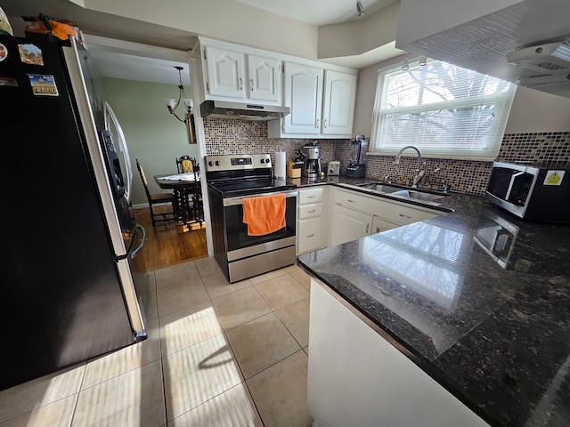 kitchen with sink, white cabinetry, backsplash, stainless steel appliances, and light tile patterned flooring