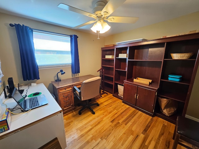 office space with ceiling fan and light hardwood / wood-style flooring