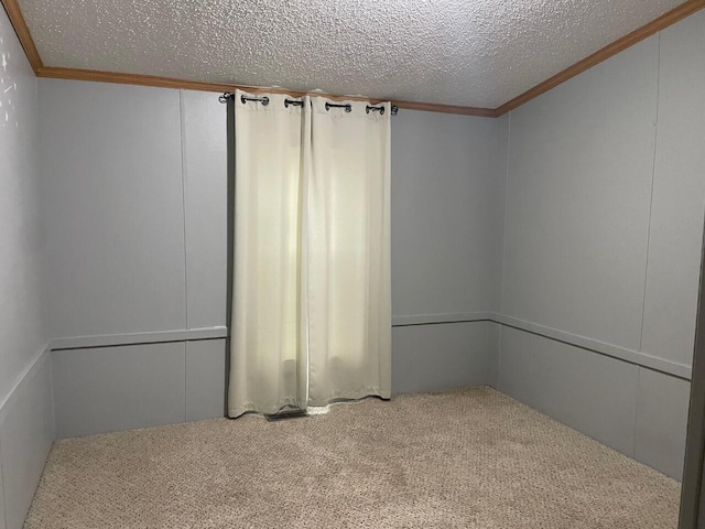 carpeted empty room featuring crown molding and a textured ceiling