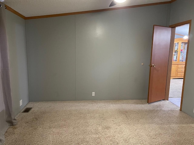 carpeted empty room featuring crown molding and a textured ceiling