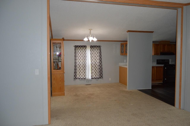 interior space featuring carpet flooring and an inviting chandelier