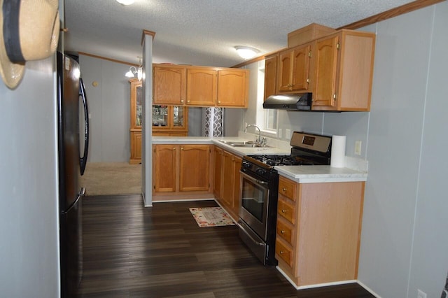 kitchen featuring black refrigerator, range hood, sink, dark hardwood / wood-style flooring, and stainless steel gas range