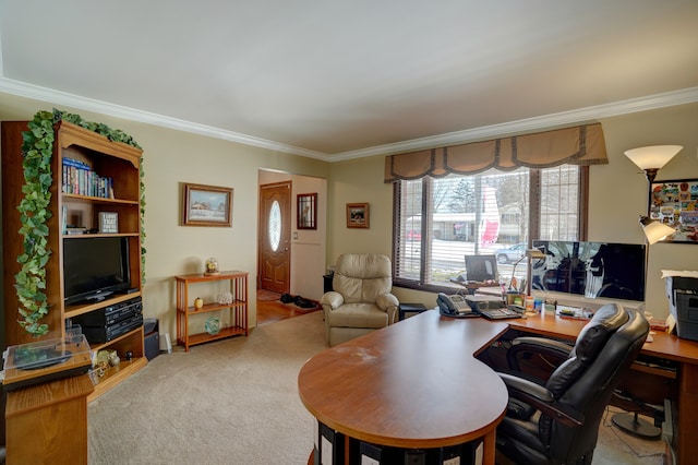 dining room with crown molding and light colored carpet