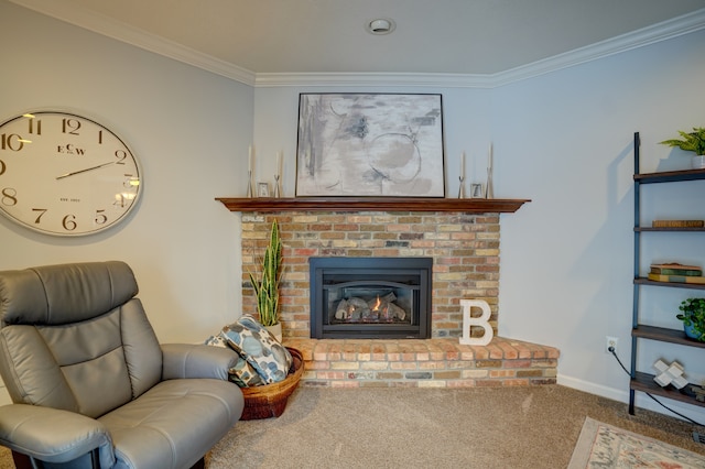 living room featuring ornamental molding, carpet flooring, and a brick fireplace