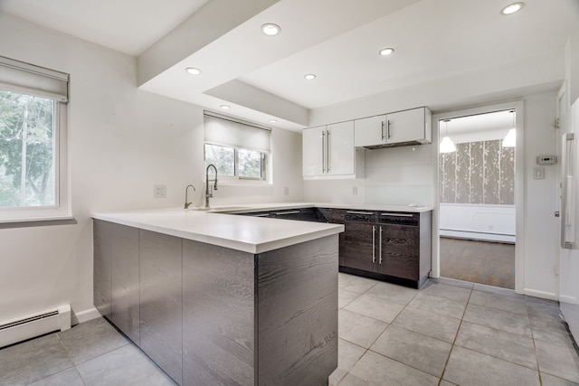 kitchen with white cabinetry, sink, a baseboard radiator, and kitchen peninsula