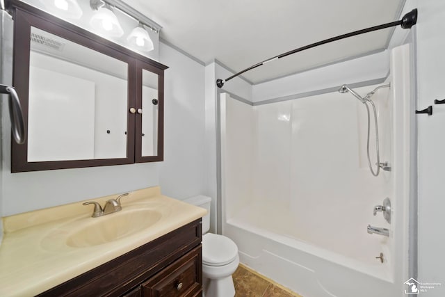 full bathroom with bathtub / shower combination, tile patterned floors, vanity, and toilet