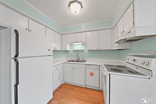 kitchen with white cabinetry, white appliances, sink, and light hardwood / wood-style flooring