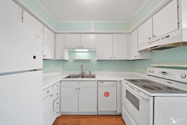 kitchen featuring white cabinetry, sink, white appliances, and light wood-type flooring