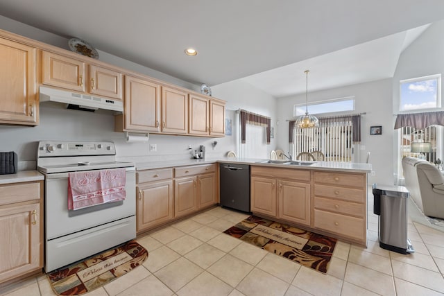 kitchen with pendant lighting, sink, dishwasher, white electric stove, and light brown cabinets