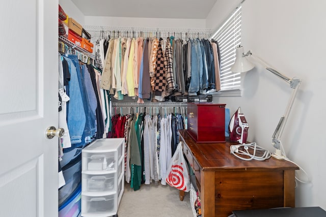 walk in closet featuring carpet flooring