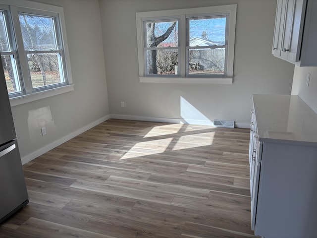 unfurnished dining area with light hardwood / wood-style floors