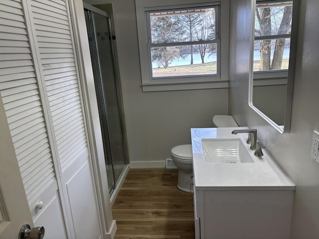 bathroom with hardwood / wood-style floors, vanity, toilet, and walk in shower