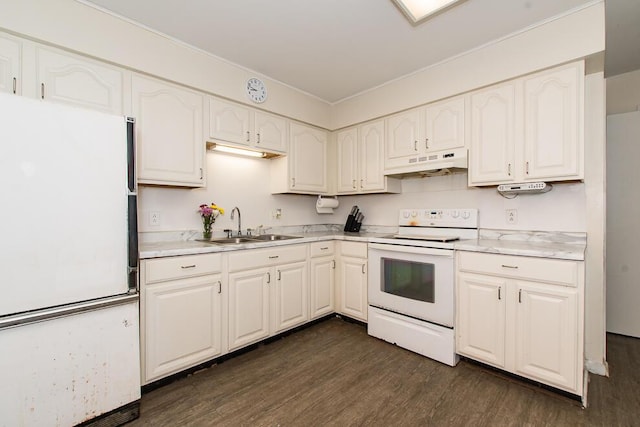 kitchen featuring white appliances, dark hardwood / wood-style flooring, sink, and white cabinets