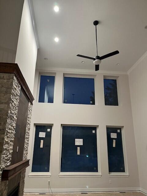 details featuring a ceiling fan and crown molding