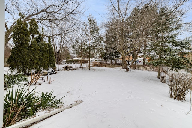 view of yard layered in snow